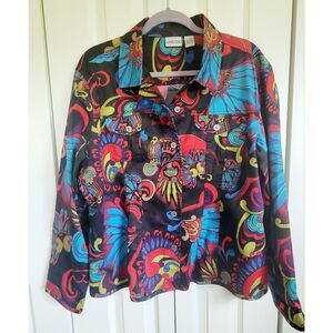 Chico's 3 Vibrant Abstract Button Front Tailored Shirt Jacket XL Cotton Blnd‎ LS